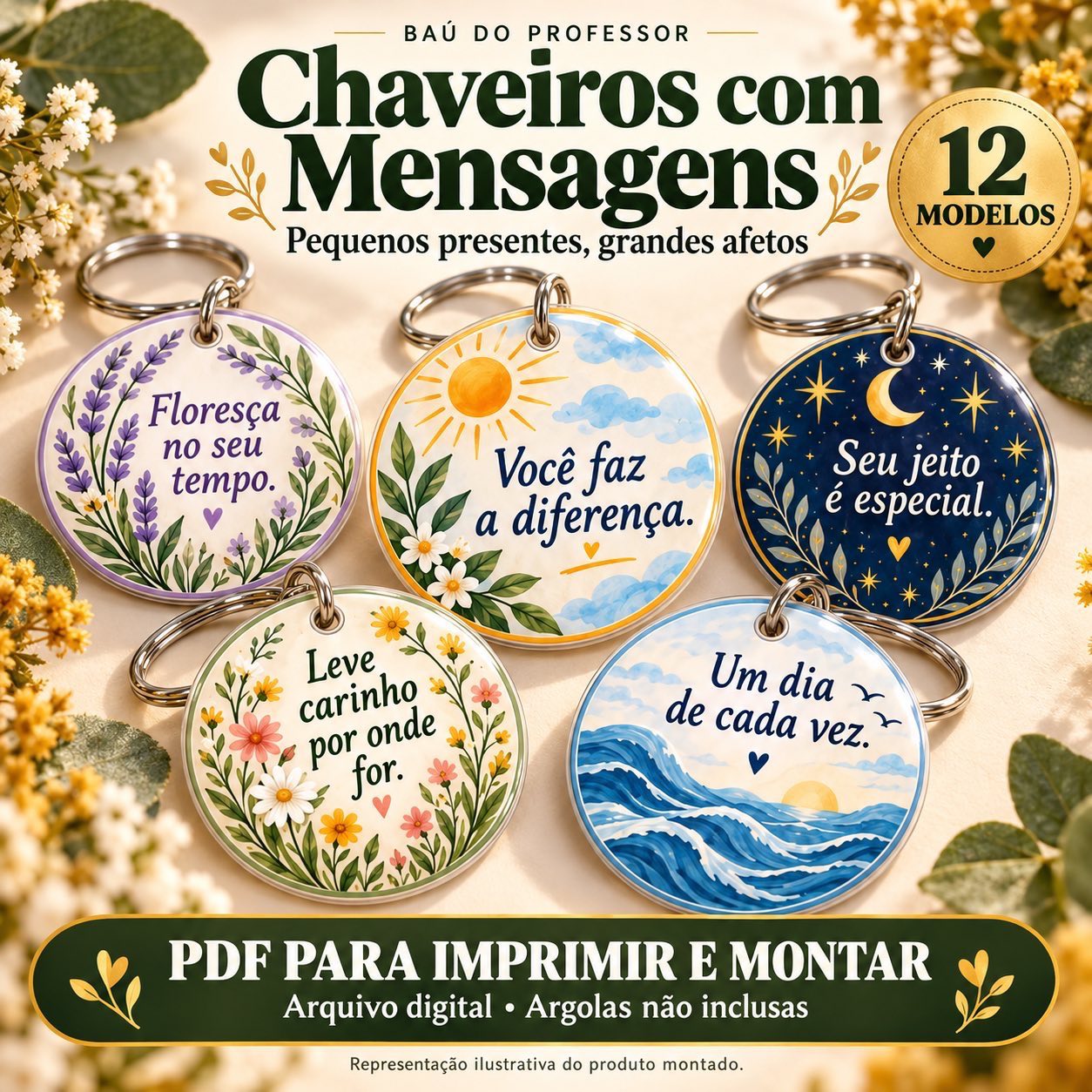 Kit Chaveiros com Frases para Imprimir — 12 Modelos de Lembrancinhas — capa do material