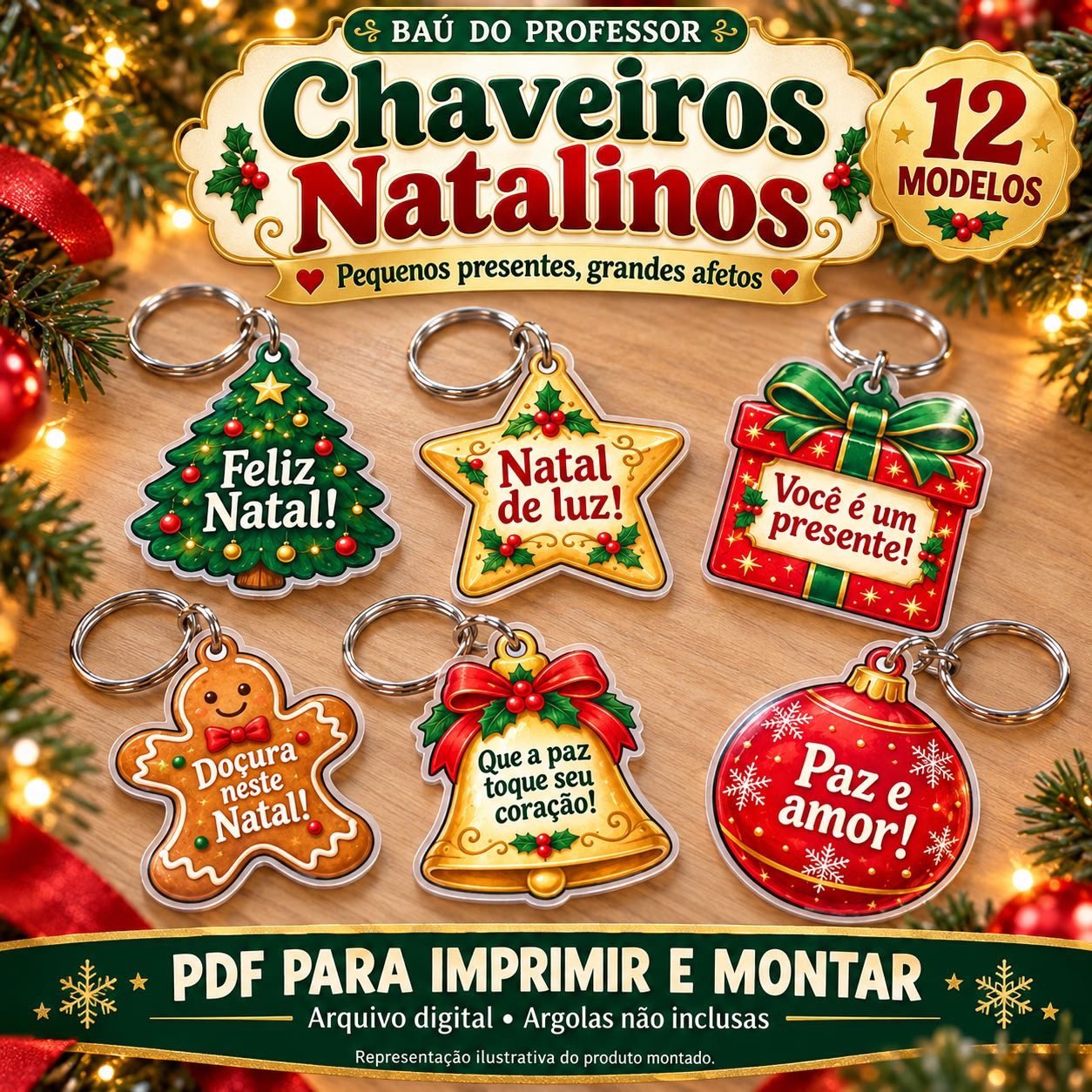 Kit Chaveiros Natalinos para Imprimir — 12 Modelos com Frases de Natal — Datas comemorativas para Todas as séries: Kit…