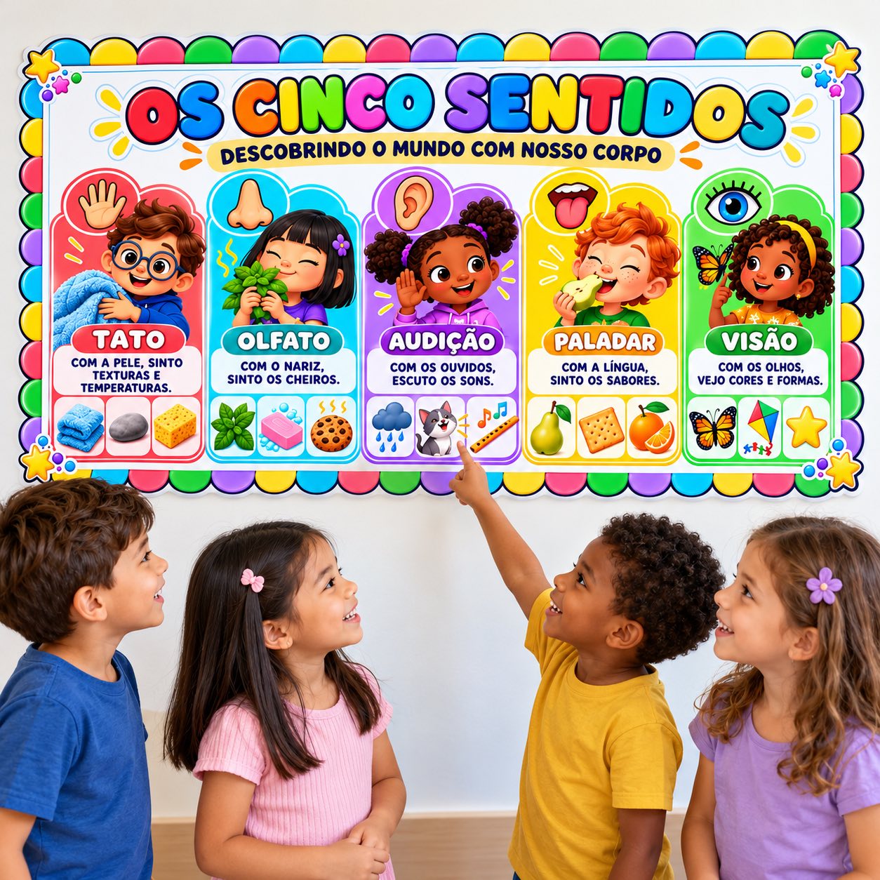 Kit Cinco Sentidos em PDF – Painel Educativo e Atividades Coloridas — amostra 1: Explore os cinco sentidos com painel…