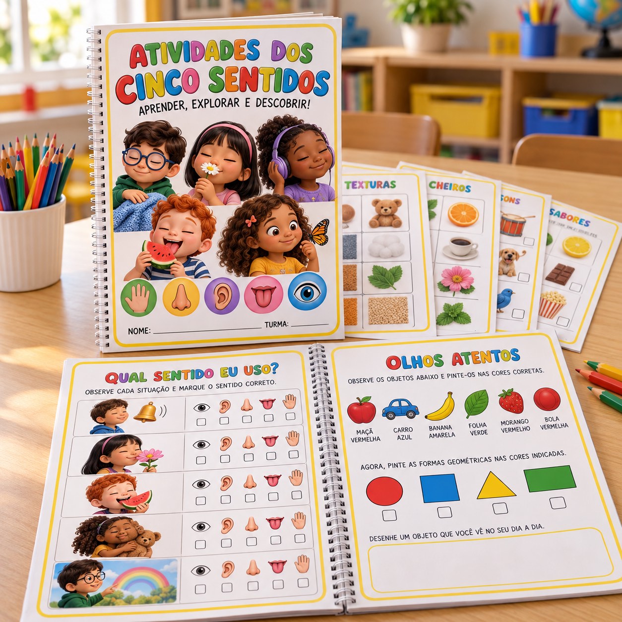 Kit Cinco Sentidos em PDF – Painel Educativo e Atividades Coloridas — amostra 2: Explore os cinco sentidos com painel…