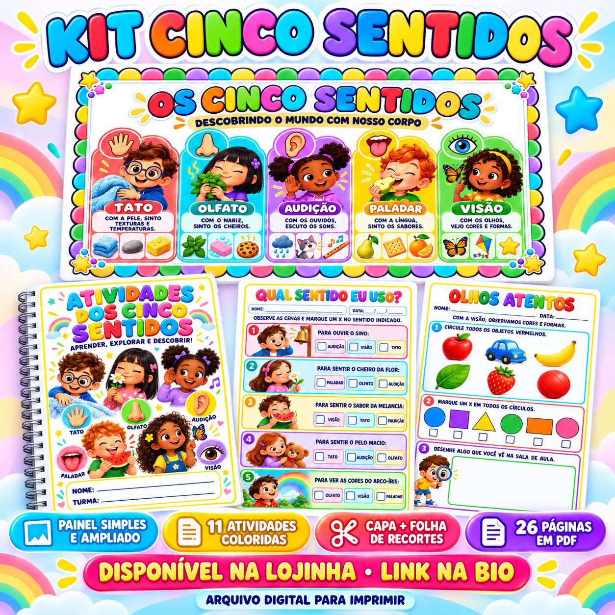 Kit Cinco Sentidos em PDF – Painel Educativo e Atividades Coloridas — capa do material