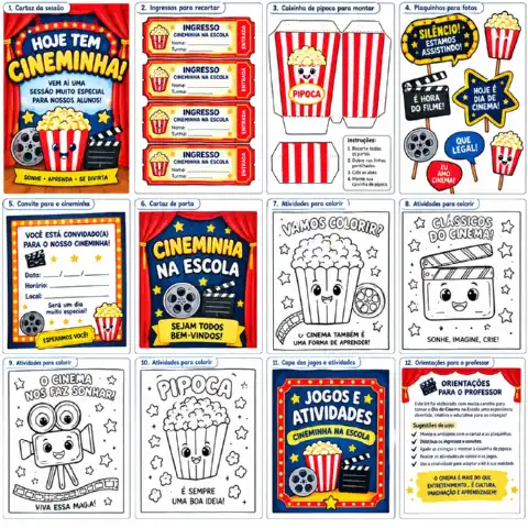 Kit Cineminha na Escola – Educação Infantil | Atividades e Decoração — amostra 1: Kit educativo com cartaz, ingressos,…
