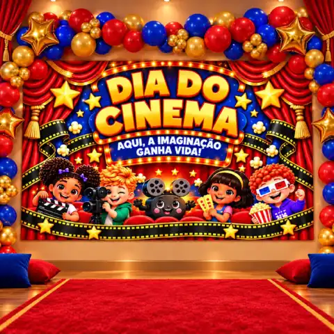 Kit completo dia do cinema infantil: Painel,lembrancinhas e muito mais — amostra 1: Transforme sua sala em um cinema