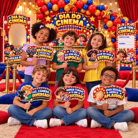 Kit completo dia do cinema infantil: Painel,lembrancinhas e muito mais — amostra 6: Transforme sua sala em um cinema