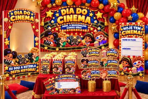 Kit completo dia do cinema infantil: Painel,lembrancinhas e muito mais — amostra 7: Transforme sua sala em um cinema