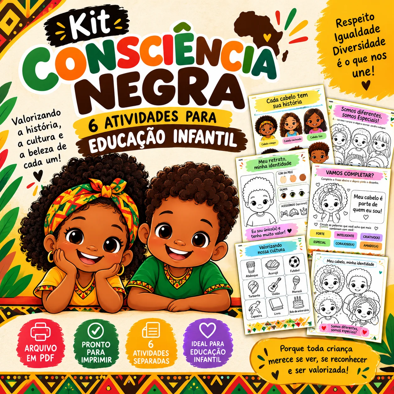 Kit Consciência Negra – 6 Atividades para Educação Infantil — Alfabetização para Educação Infantil: Kit com 6 atividades…