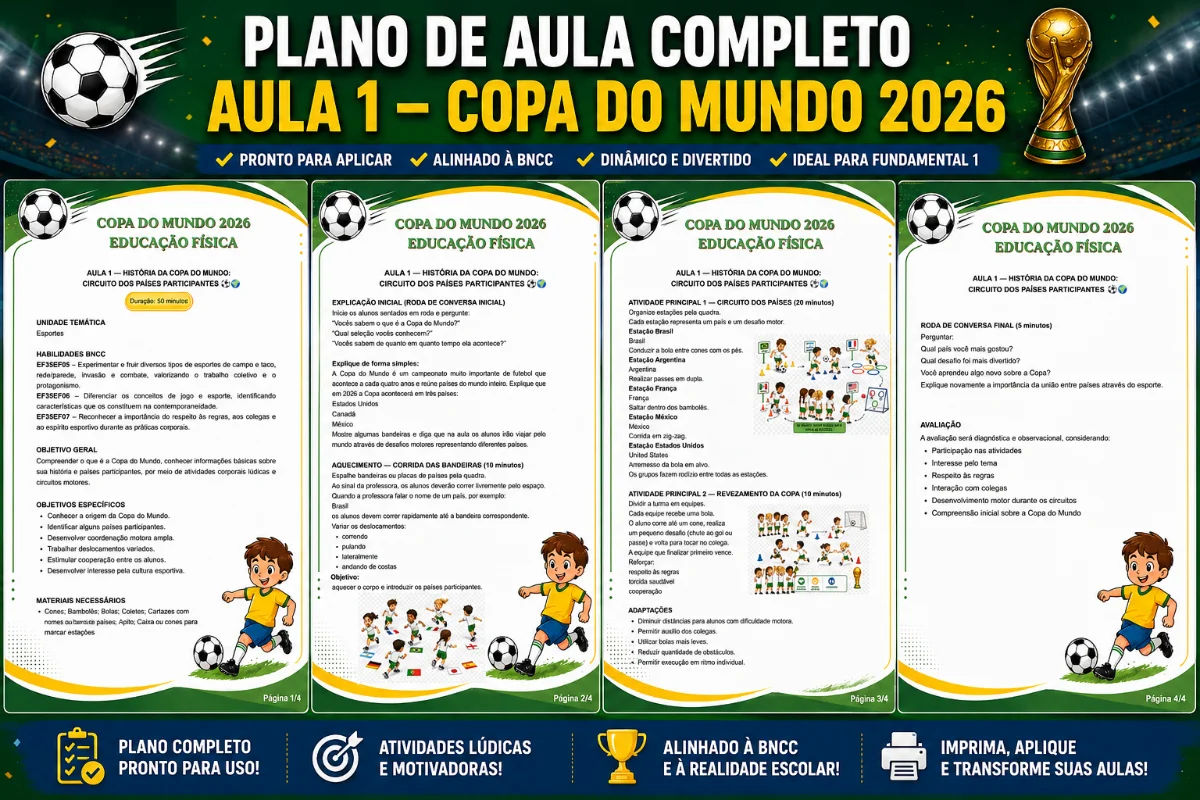 Kit Copa do Mundo 2026 – Atividades de Educação Física Escolar — amostra 1: ⚽ KIT COPA DO MUNDO EDUCAÇÃO FÍSICA 2026