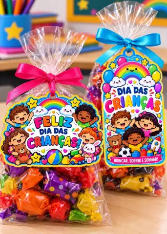 Kit Copinhos e Tags para o Dia das Crianças — amostra 1: Moldes coloridos para decorar copinhos e tags de lembrancinhas,…