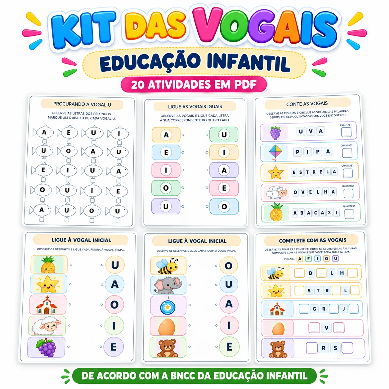Kit das Vogais para Educação Infantil – 20 Atividades Acordo com BNCC — amostra 2: Kit das Vogais com 20 atividades lúdicas…