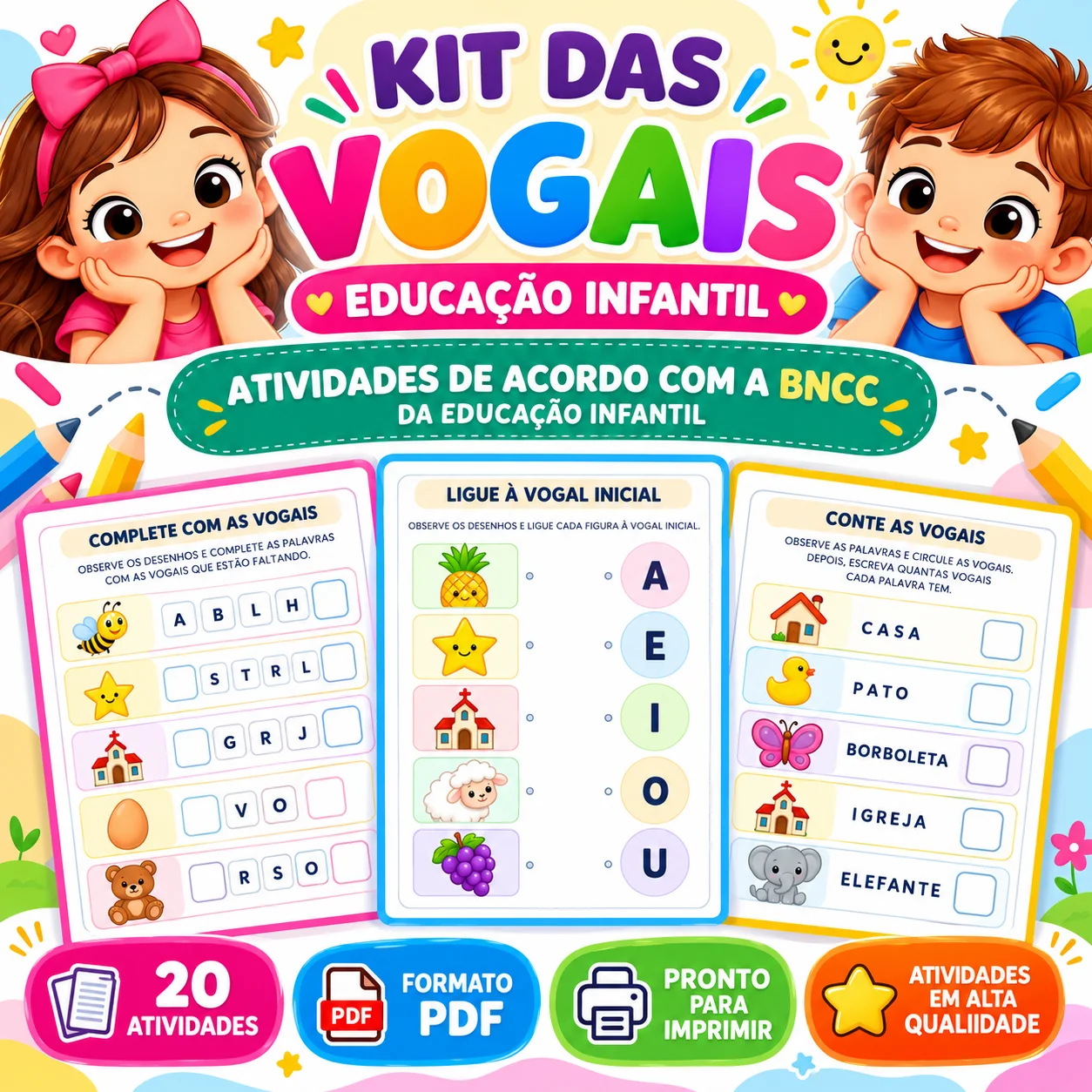 Kit das Vogais para Educação Infantil – 20 Atividades Acordo com BNCC — capa do material