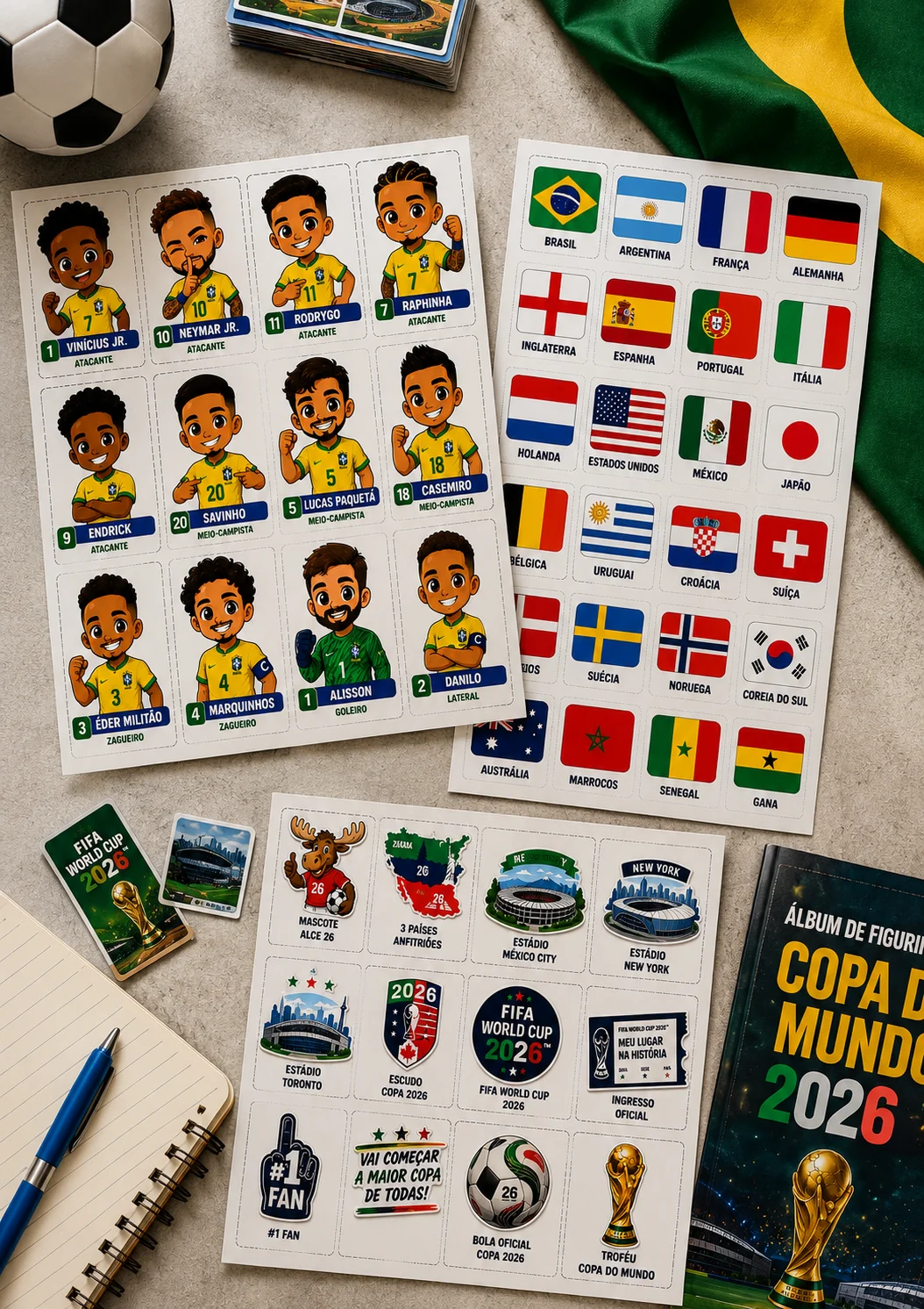 Kit de Adesivos Copa do Mundo – 60 Adesivos Exclusivos! — amostra 1: O kit inclui bandeiras de diversos países, estádios de… Kit de Adesivos Copa do Mundo – 60 Adesivos Exclusivos! — amostra 1: O kit inclui bandeiras de diversos países, estádios de…