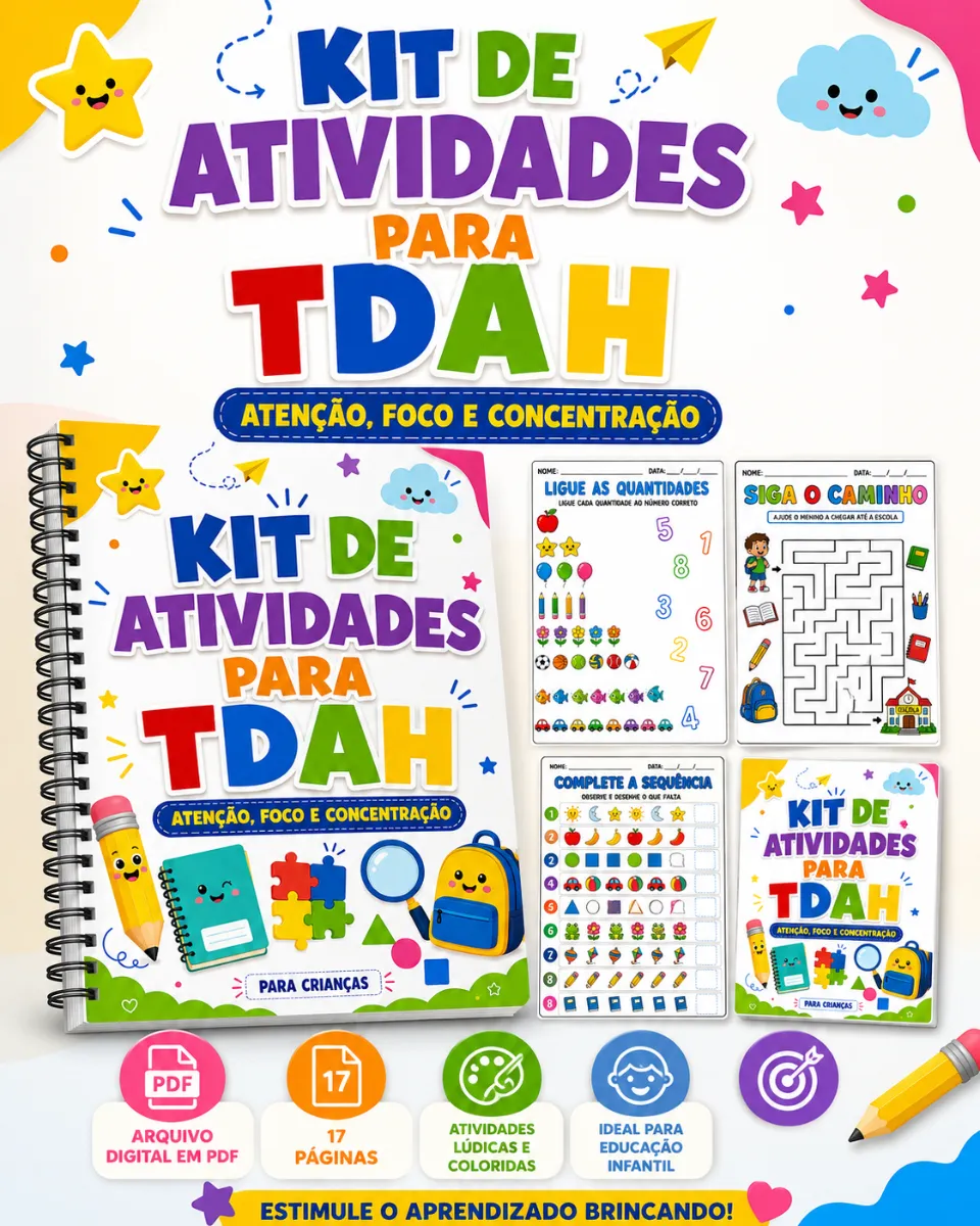 Kit de Atividades para TDAH – Atenção, Foco e Concentração — amostra 3: 🎯 Habilidades estimuladas