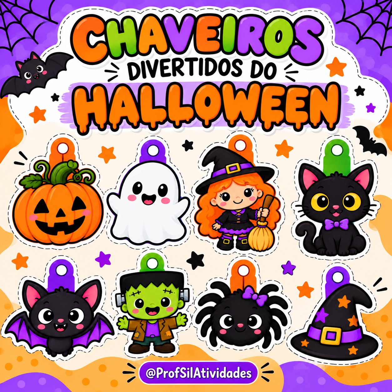 Kit de Chaveiros Divertidos do Halloween — amostra 1: O kit inclui modelos variados: 🎃 Abóbora 👻 Fantasma 🧙‍♀️ Bruxinha…