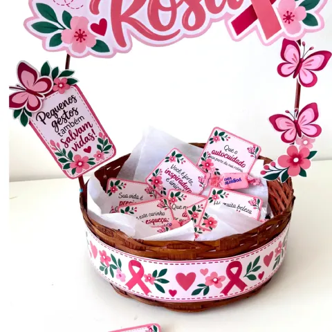 Kit Decorativo Cesta Outubro Rosa – Mensagens de Autocuidado — amostra 1: Prepare uma ação acolhedora e cheia de…