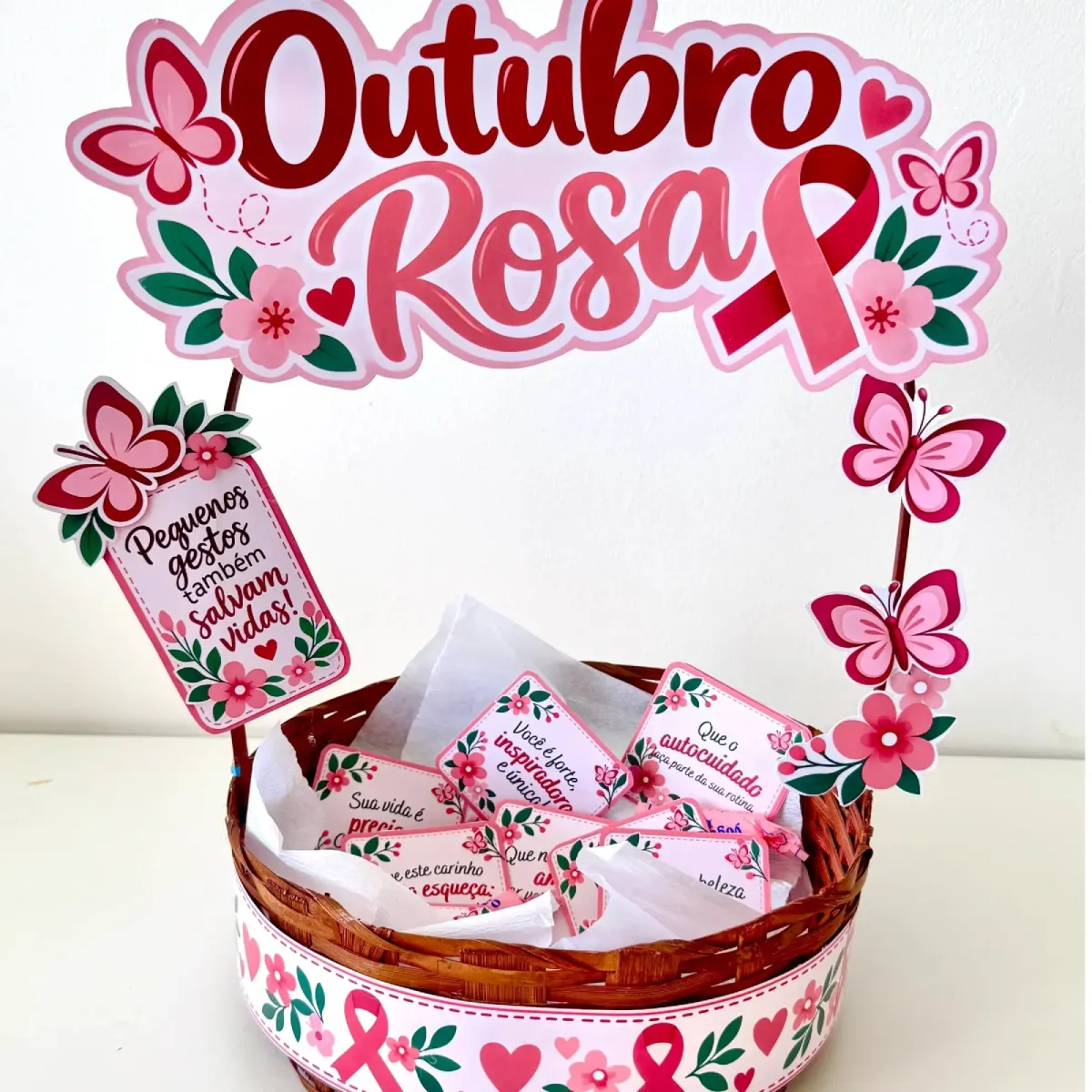 Kit Decorativo Cesta Outubro Rosa – Mensagens de Autocuidado — Datas comemorativas para Todas as séries: Prepare uma ação…