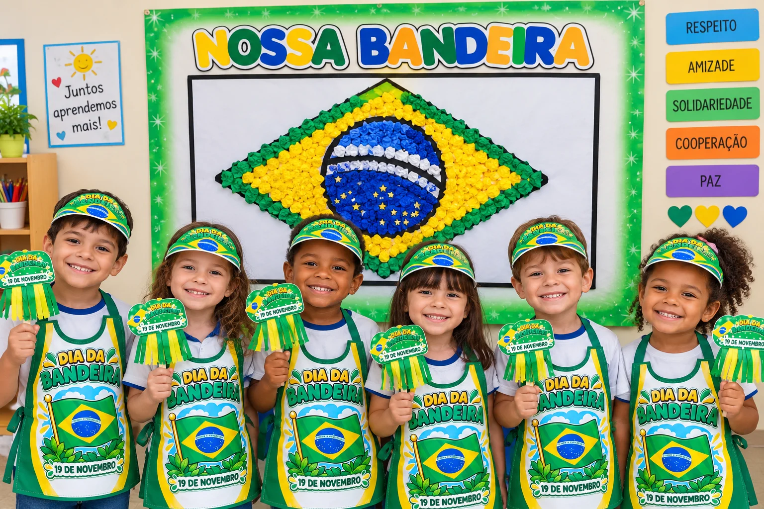 Kit Dia da Bandeira: Painel, Viseira e Avental — amostra 3: Kit Dia da Bandeira para 19 de novembro com painel interativo…
