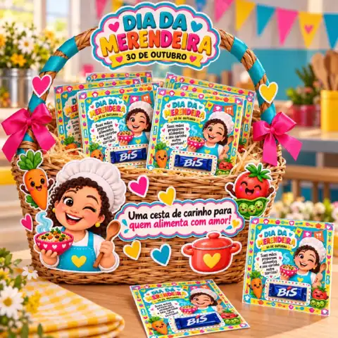Kit Dia da Merendeira — Cartão para Bis e Elementos para Decorar Cesta — amostra 2: Celebre o Dia da Merendeira com cartões…