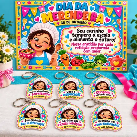 Kit Dia da Merendeira — Painel decorativo e 6 Modelos de Chaveiros — amostra 3: Homenageie as merendeiras com um painel…