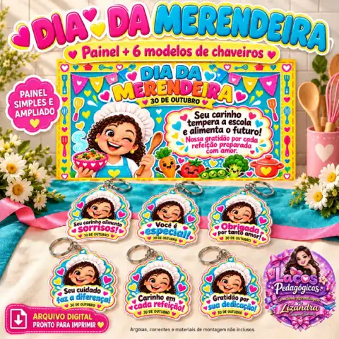 Kit Dia da Merendeira — Painel decorativo e 6 Modelos de Chaveiros — capa do material