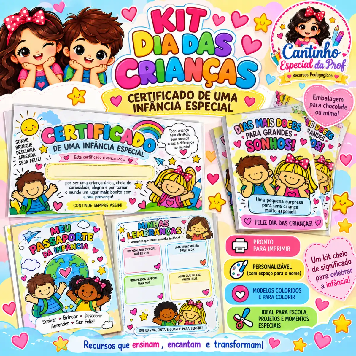 🎓🌈 KIT DIA DAS CRIANÇAS — CERTIFICADO DE INFÂNCIA 💖 — Datas comemorativas para Todas as séries: ✨ Porque toda criança…