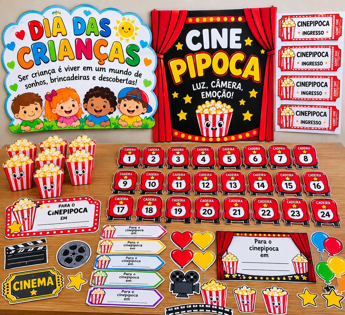 Kit Dia das Crianças Cine Pipoca Painel e Atividades Educação Infantil PLR — Alfabetização para Educação Infantil: Kit Dia…