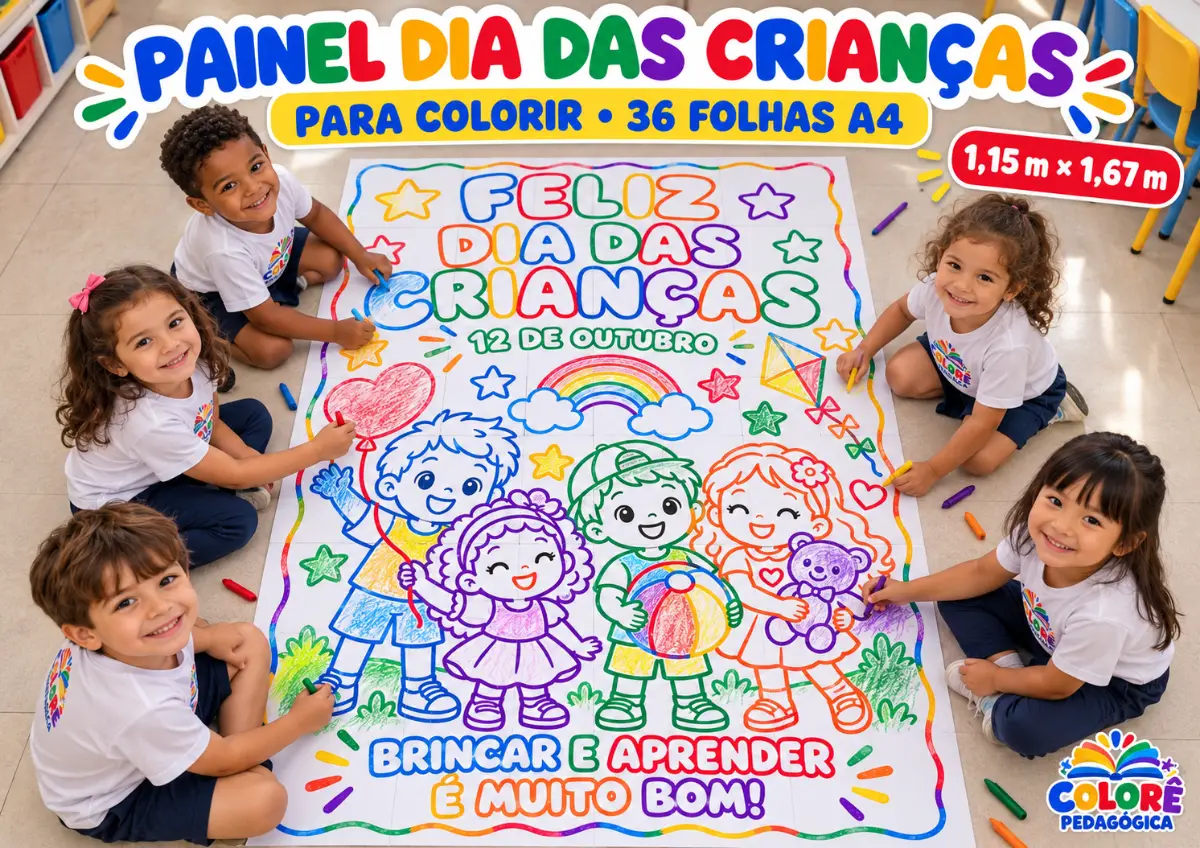 Kit Dia das Crianças para Colorir – Painel 36 Folhas A4 + 5 Desenhos | Educação Infantil — amostra 1: Prepare os lápis de…