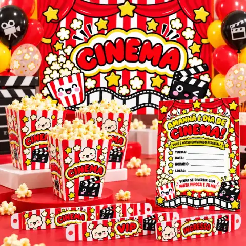 Kit Dia de Cinema Infantil | Painel, Pipoca e Pulseiras — amostra 1: Este kit foi criado com uma identidade visual…