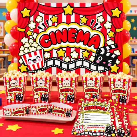 Kit Dia de Cinema Infantil | Painel, Pipoca e Pulseiras — amostra 2: Kit para transformar o Dia do Cinema em um momento…