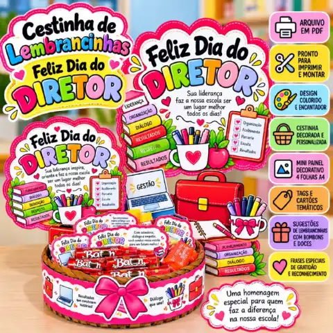 Kit Dia do Diretor Escolar – Cestinha, Mini Painel e Lembrancinhas — capa do material