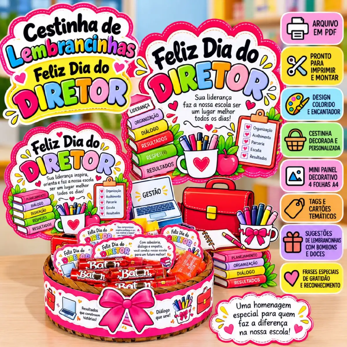 Kit Dia do Diretor Escolar – Cestinha, Mini Painel e Lembrancinhas — Alfabetização para Educação Infantil: Kit digital para…