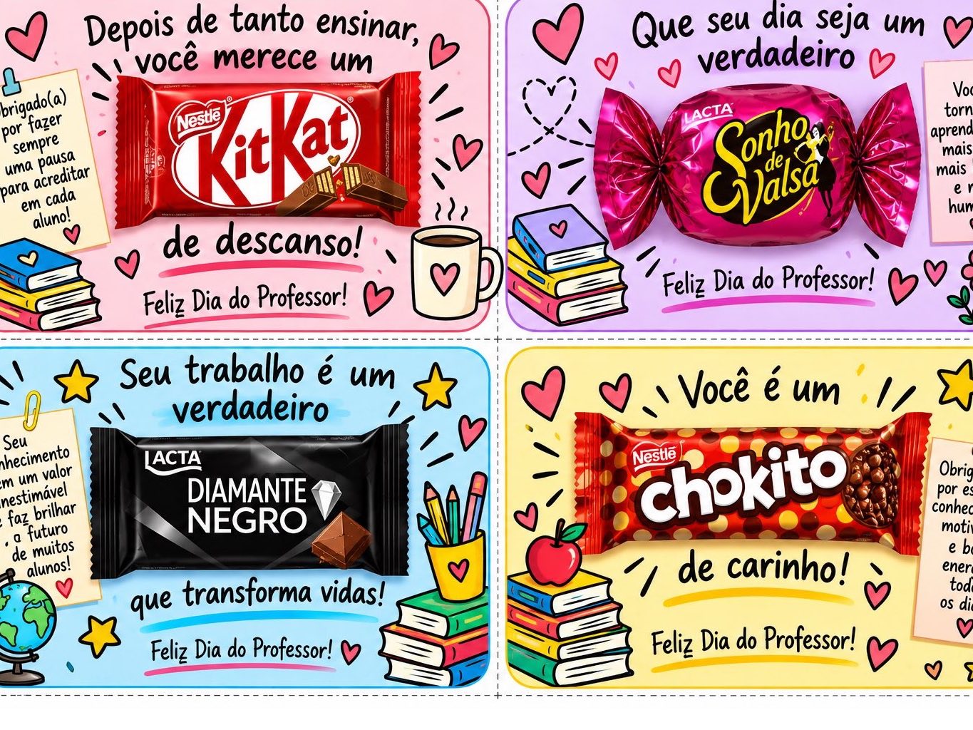 Kit Dia do Professor: Cartões com Bombons para Imprimir — amostra 1: Kit com 12 cartões criativos para o Dia do Professor,…