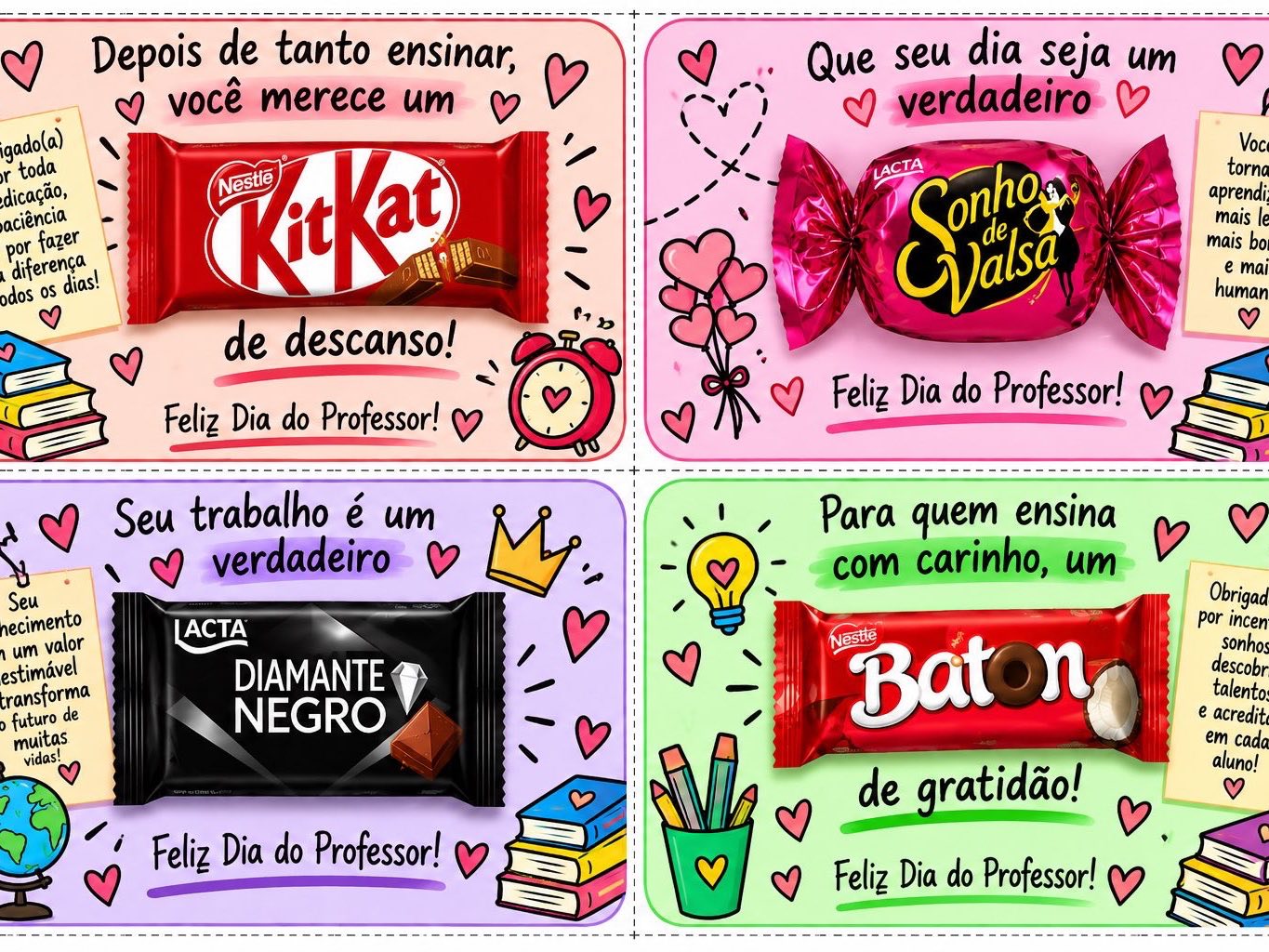 Kit Dia do Professor: Cartões com Bombons para Imprimir — amostra 2: Kit com 12 cartões criativos para o Dia do Professor,…