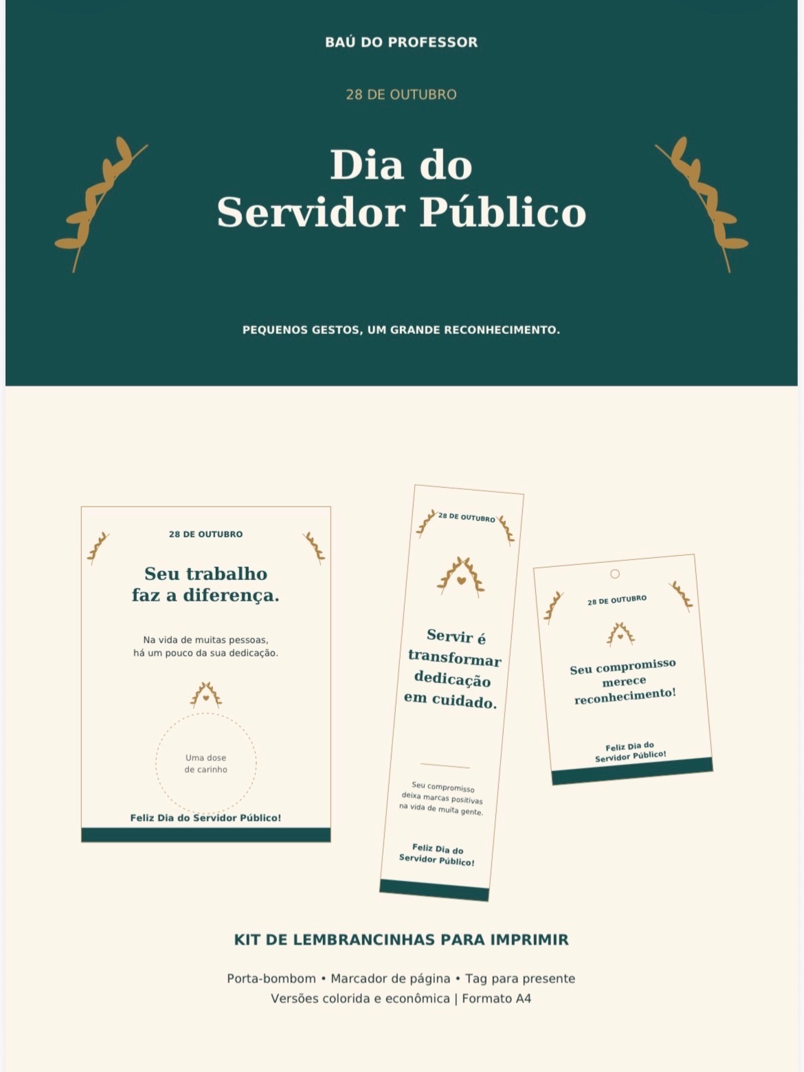 Kit Dia do Servidor Público: Porta-Bombom, Marcador e Tag em PDF — amostra 1: Valorize quem faz a diferença todos os dias! 💚