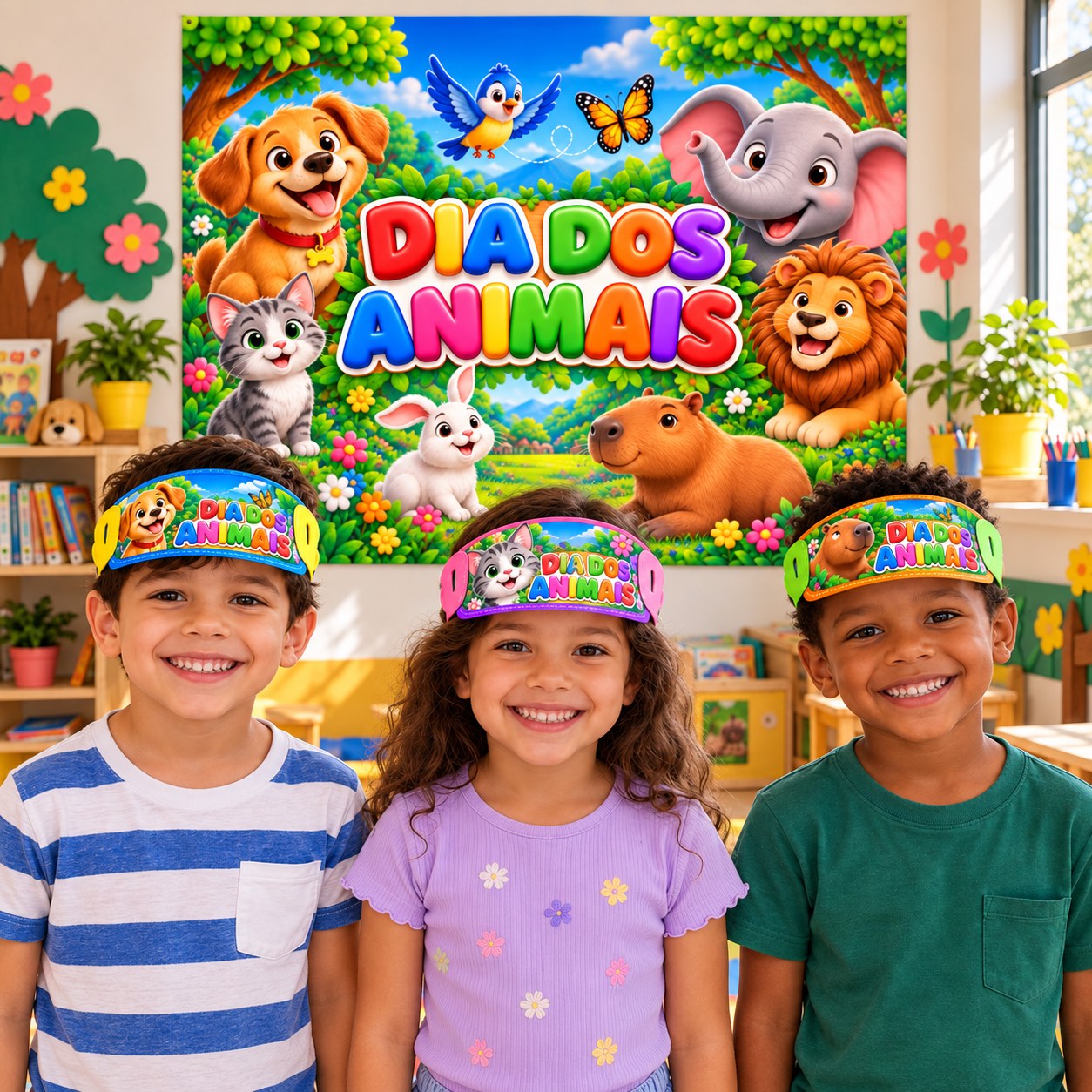 Kit Dia dos Animais - Painel Ampliado e 3 Viseiras Infantis — amostra 1: : Um kit colorido para celebrar o Dia dos Animais…