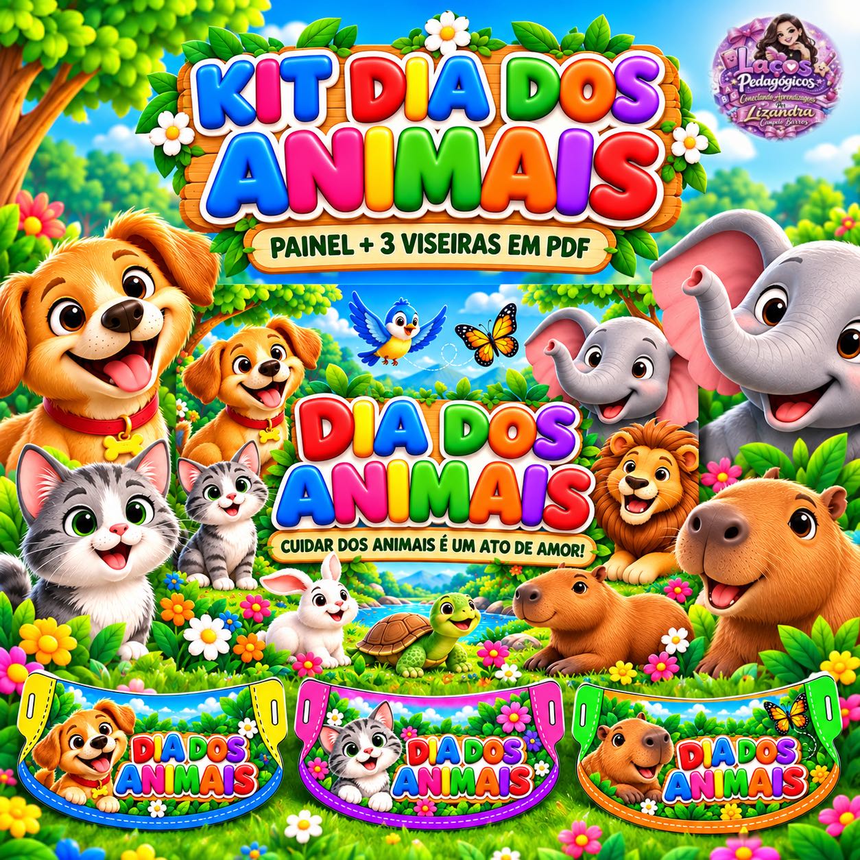 Kit Dia dos Animais - Painel Ampliado e 3 Viseiras Infantis — capa do material