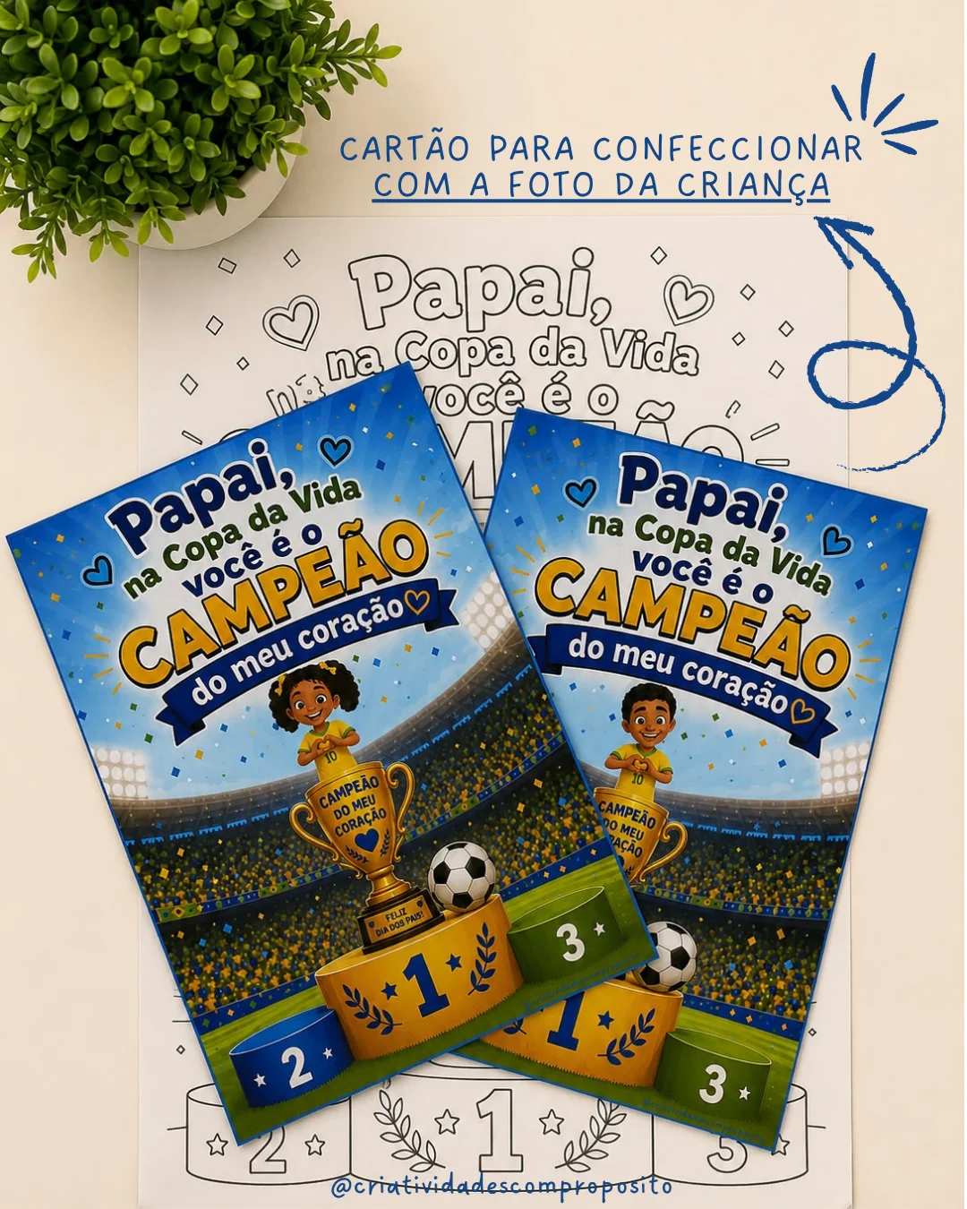 KIT DIA DOS PAIS - CAMPEÃO DO MEU CORAÇÃO 🏆💙 — amostra 3: Kit completo que inclui painel decorativo, cartão com espaço…