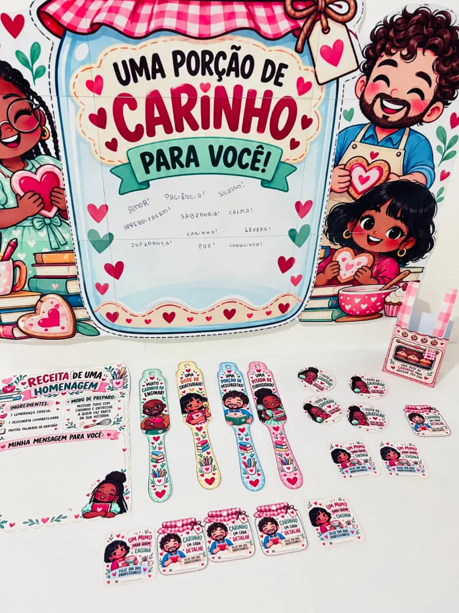 Kit Dia dos Professores – Receitas de Carinho — amostra 1: Kit Dia dos Professores com painel, lembrancinhas, cartões e…