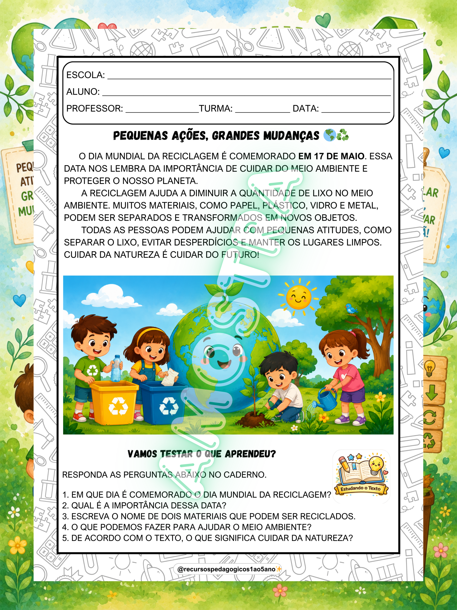 Kit Dia Mundial da Reciclagem – Leitura, Interpretação, Produção, livrinho e lembrancinhas — amostra 1: 🌎♻️ Kit Dia…