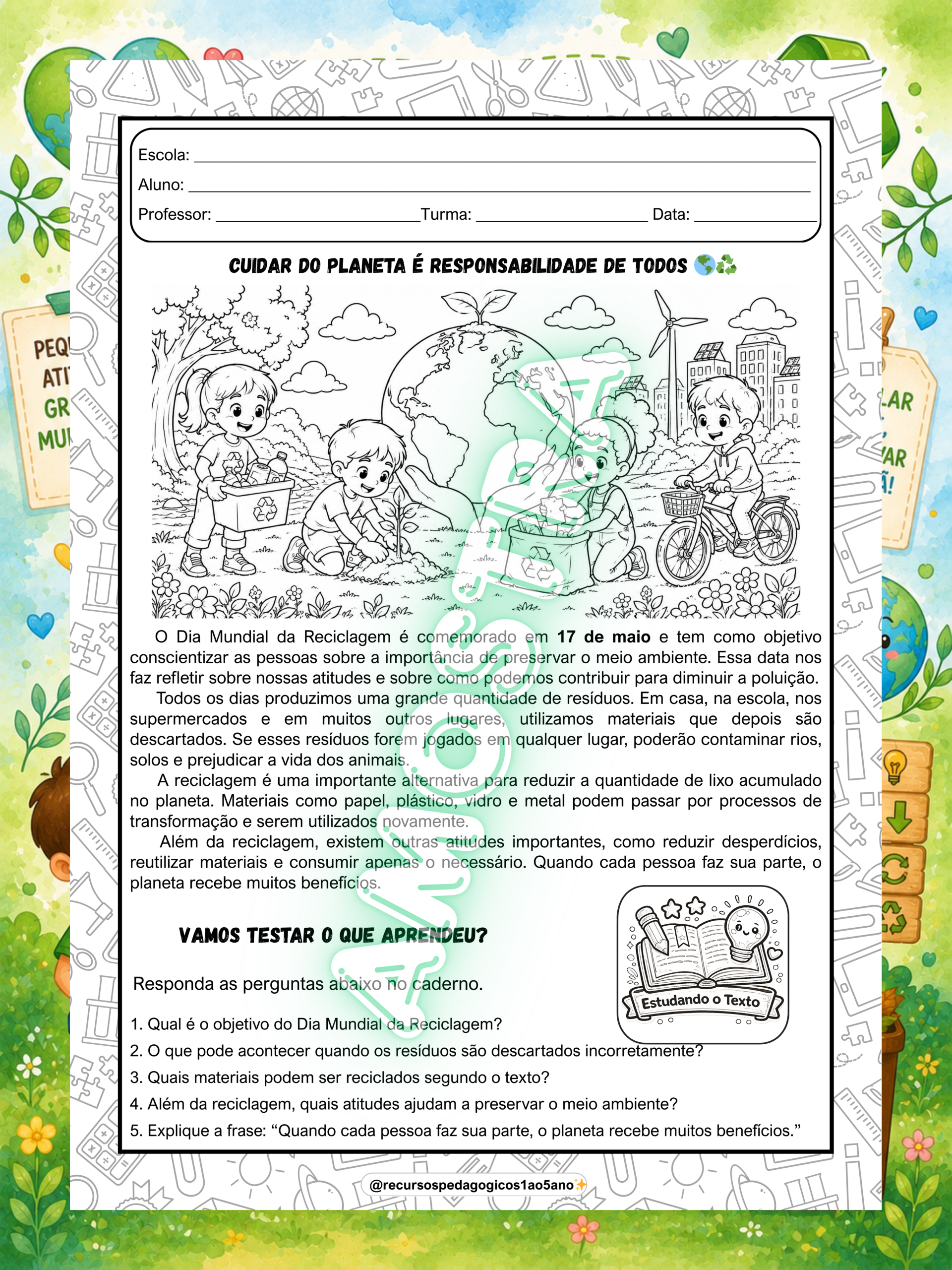 Kit Dia Mundial da Reciclagem – Leitura, Interpretação, Produção, livrinho e lembrancinhas — amostra 2: Kit Dia Mundial da…