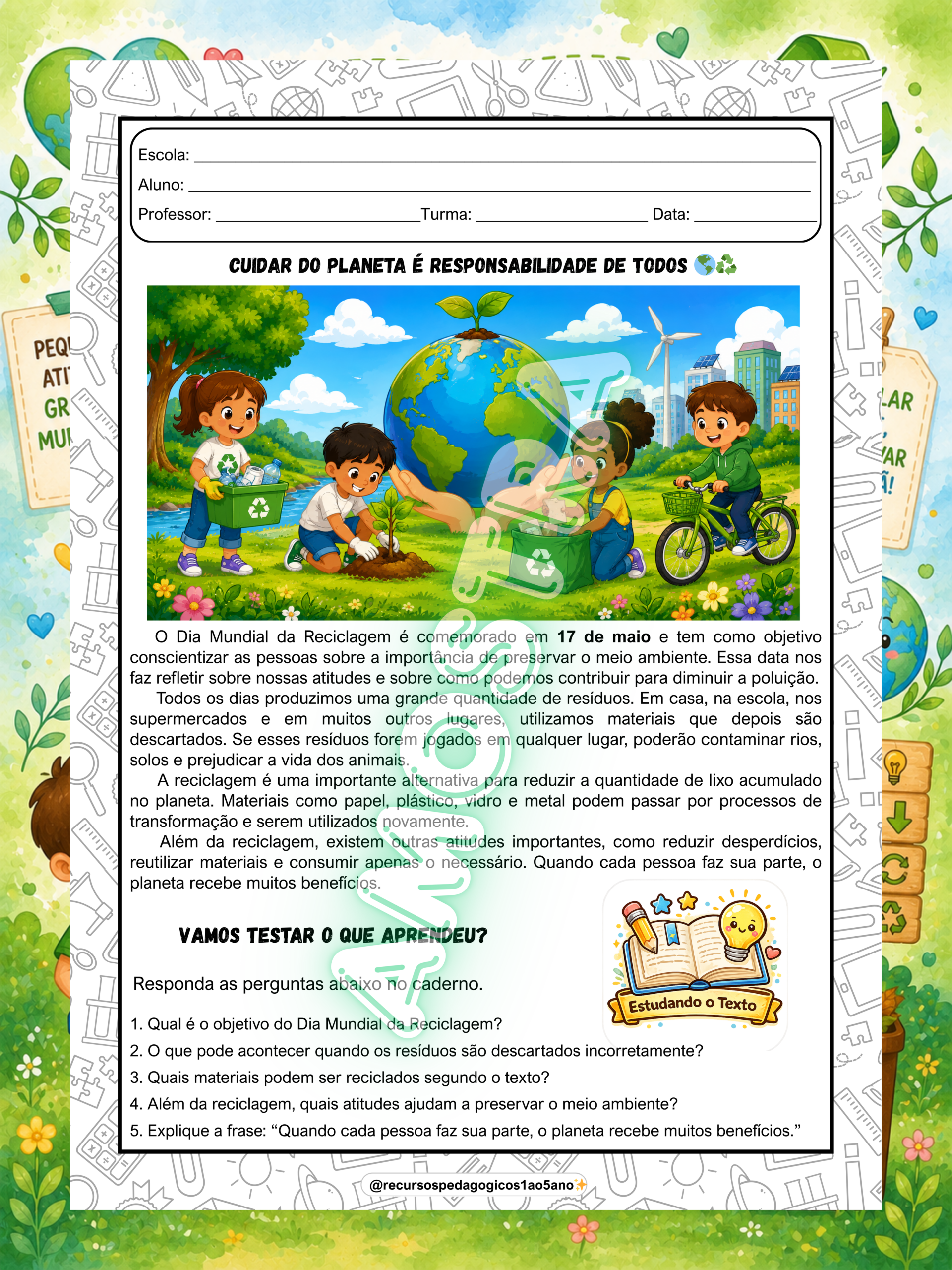 Kit Dia Mundial da Reciclagem – Leitura, Interpretação, Produção, livrinho e lembrancinhas — amostra 3: Kit Dia Mundial da…