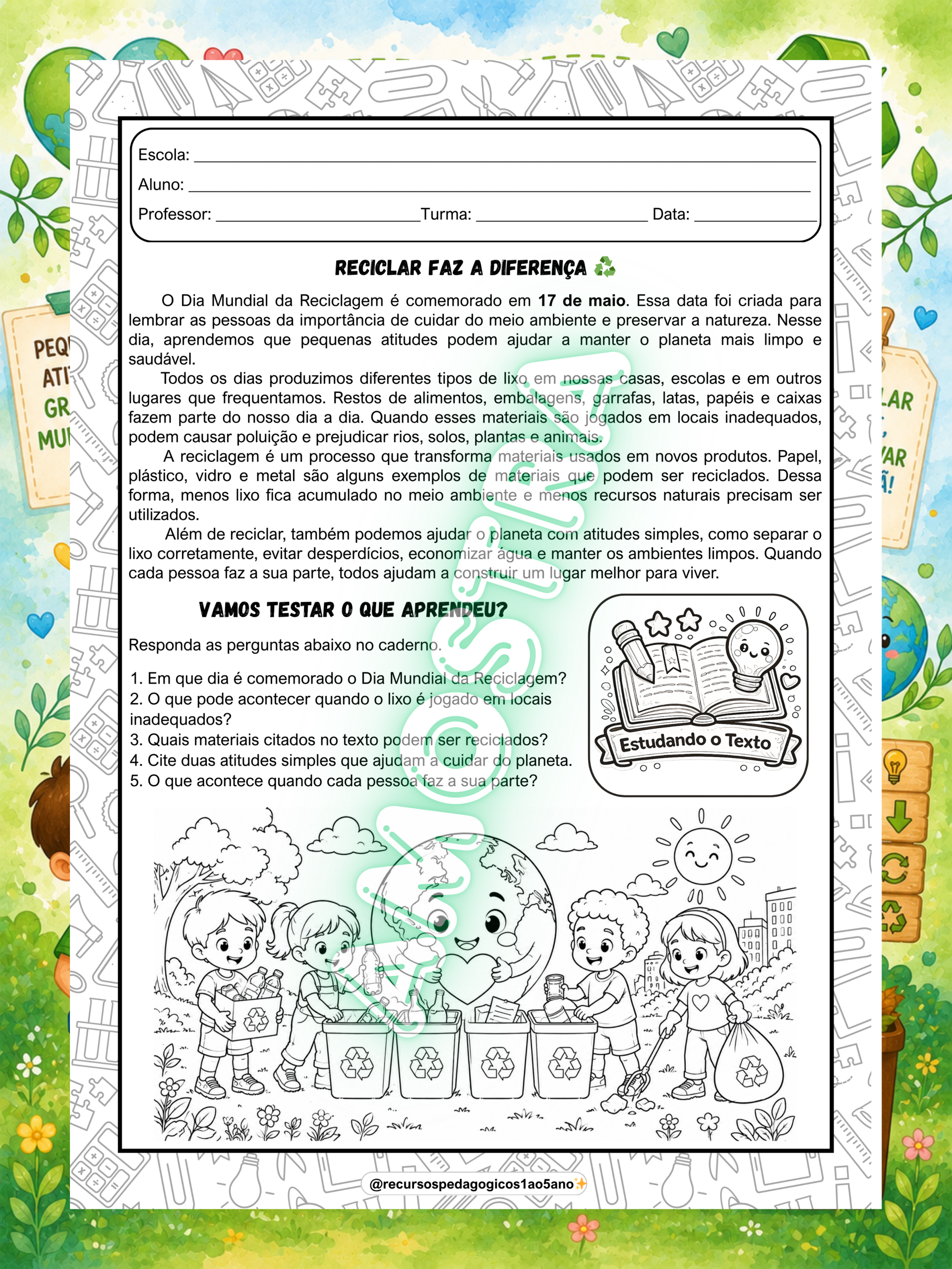 Kit Dia Mundial da Reciclagem – Leitura, Interpretação, Produção, livrinho e lembrancinhas — amostra 4: Kit Dia Mundial da…