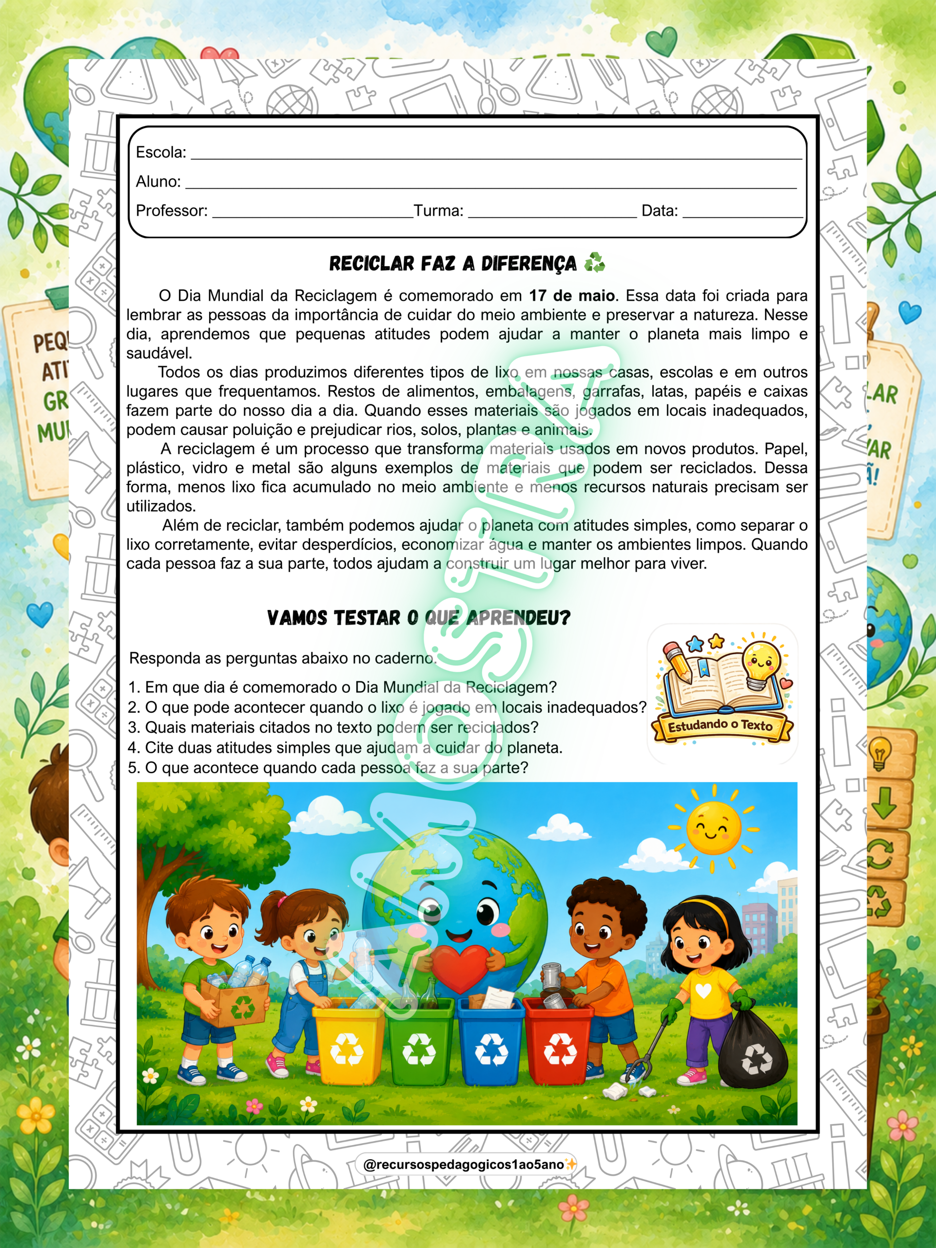 Kit Dia Mundial da Reciclagem – Leitura, Interpretação, Produção, livrinho e lembrancinhas — amostra 5: Kit Dia Mundial da…