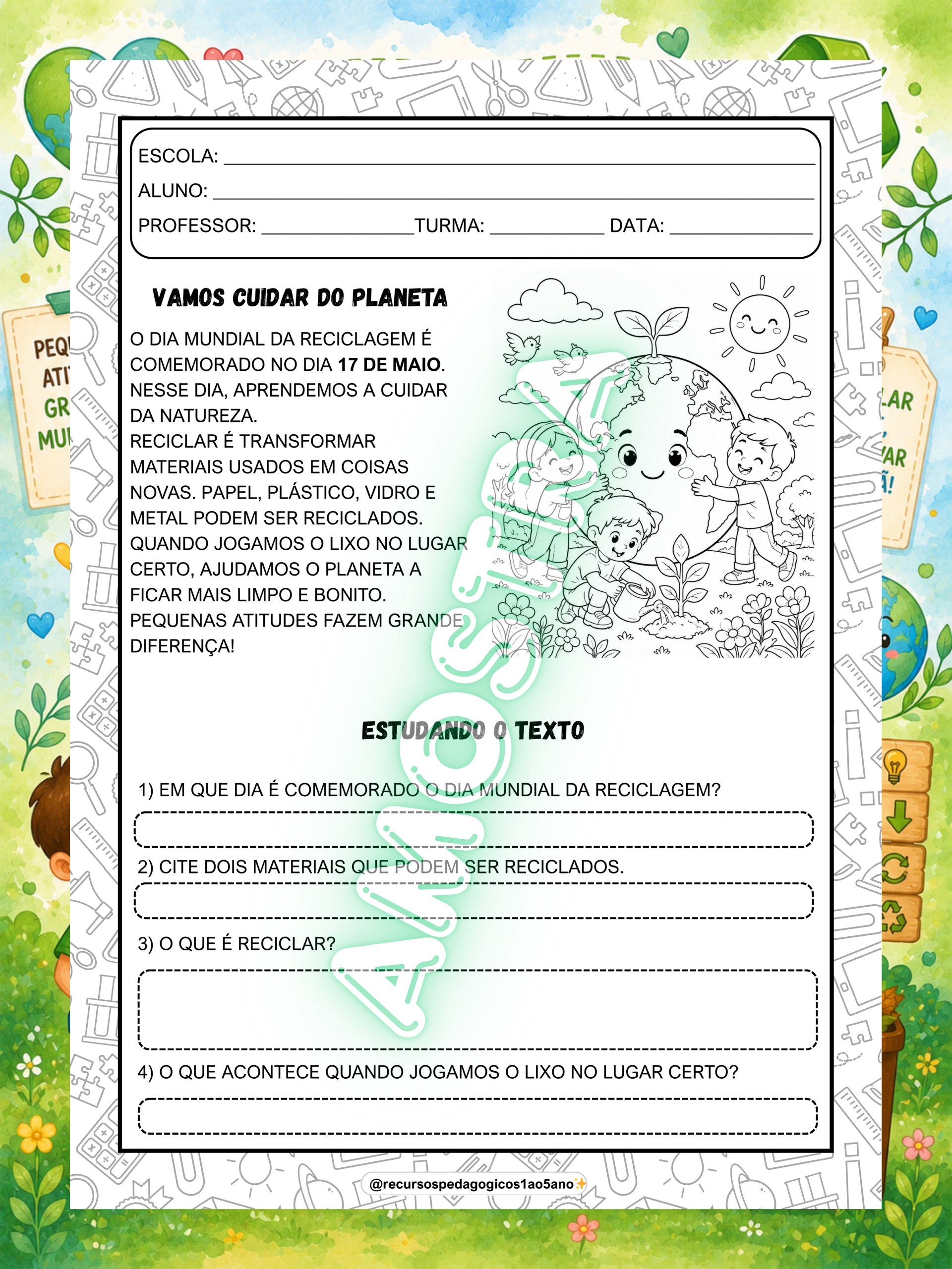 Kit Dia Mundial da Reciclagem – Leitura, Interpretação, Produção, livrinho e lembrancinhas — amostra 6: Kit Dia Mundial da…