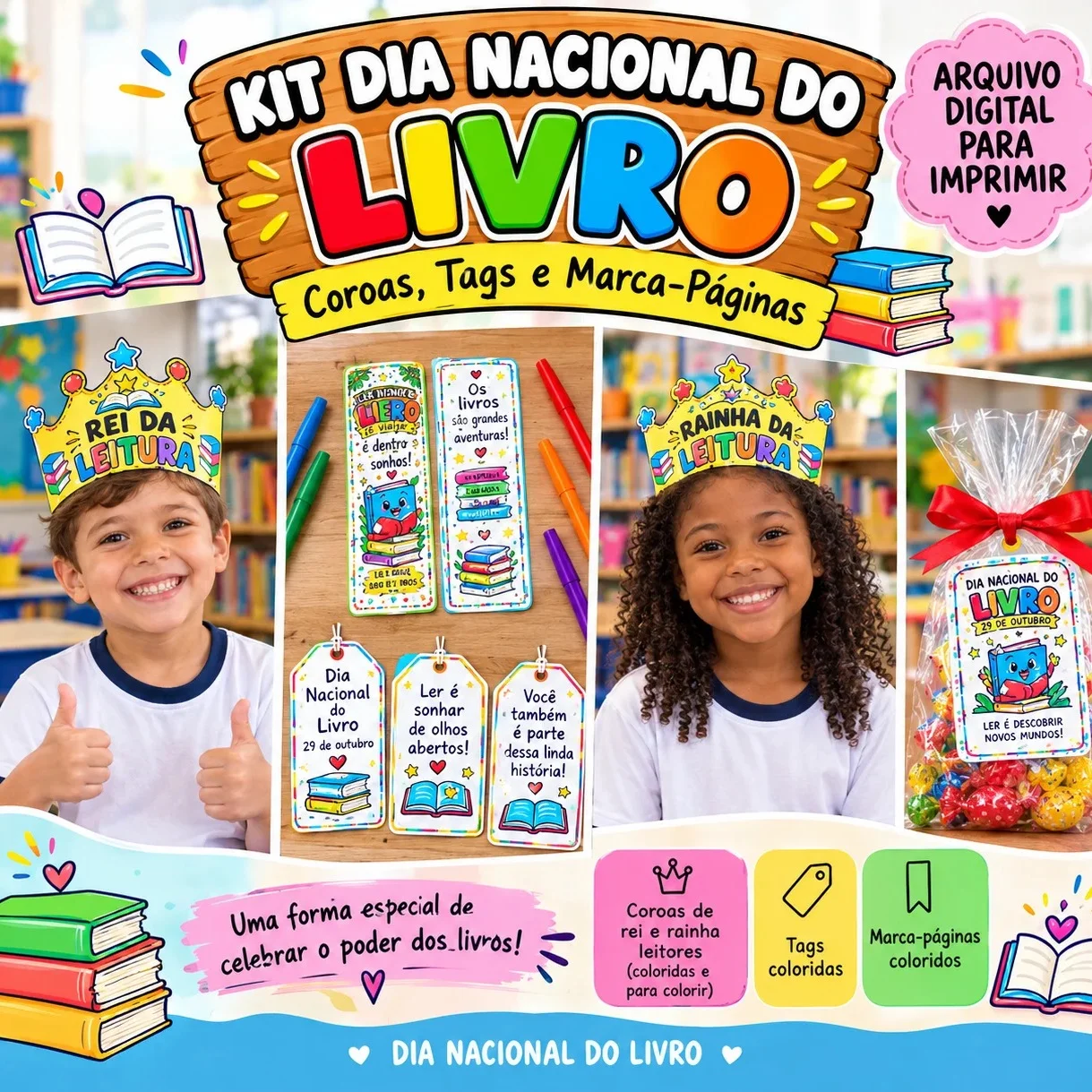 Kit Dia Nacional do Livro: Coroas, Tags e Marca-Páginas — capa do material