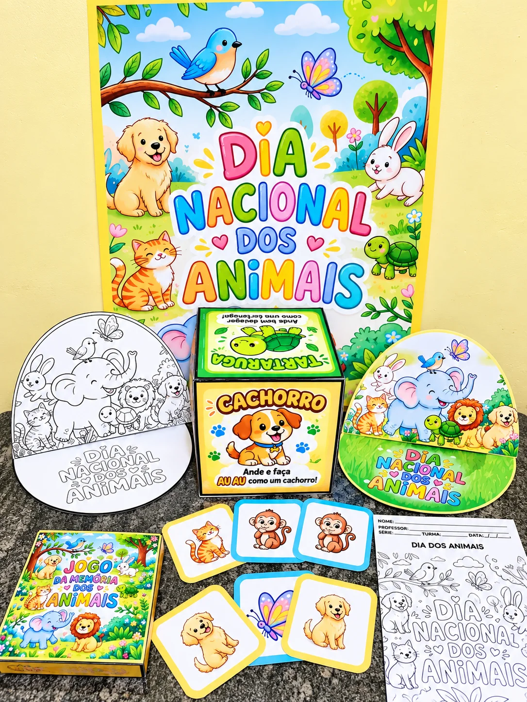 Kit Dia Nacional dos Animais para Imprimir – Painel, Atividades e Jogos — amostra 1: O que está incluso