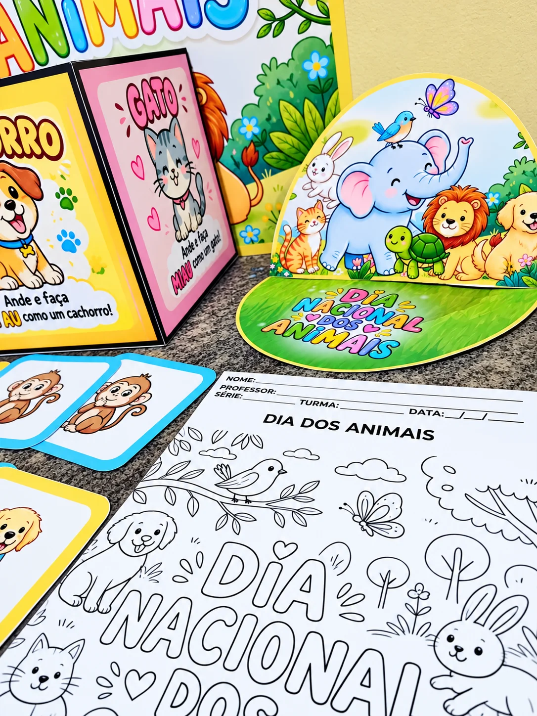 Kit Dia Nacional dos Animais para Imprimir – Painel, Atividades e Jogos — amostra 3: Kit com painel, cubo e jogo da memória