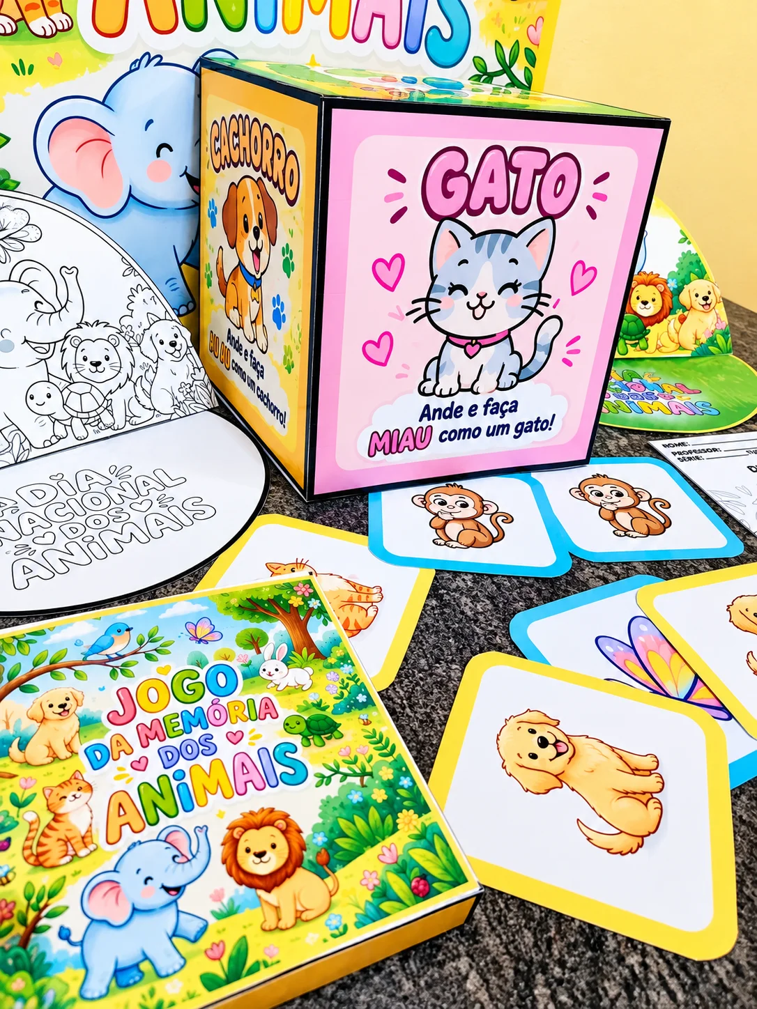 Kit Dia Nacional dos Animais para Imprimir – Painel, Atividades e Jogos — amostra 4: Kit com painel, cubo e jogo da memória