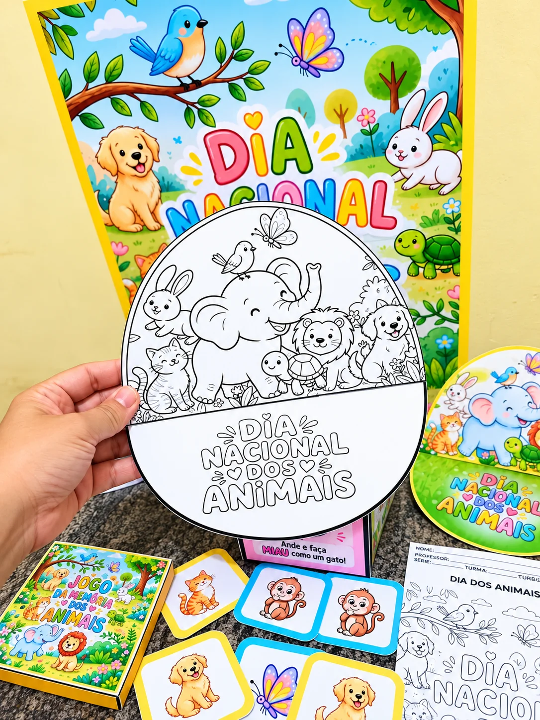 Kit Dia Nacional dos Animais para Imprimir – Painel, Atividades e Jogos — amostra 5: Kit com painel, cubo e jogo da memória
