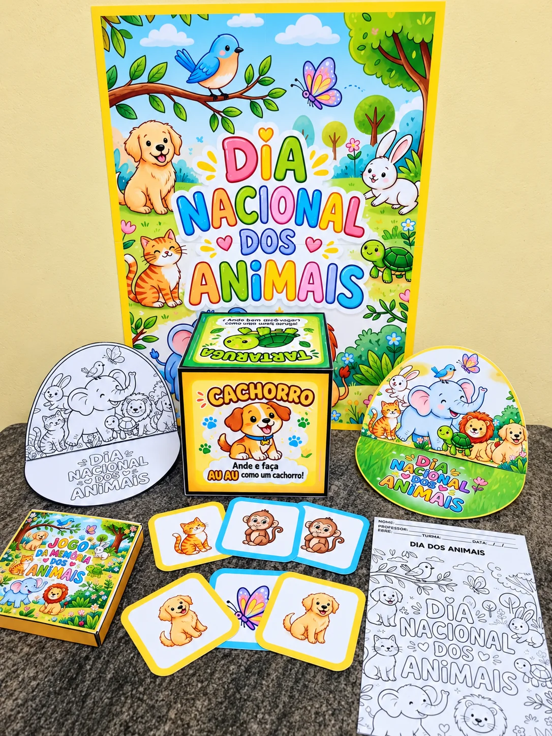 Kit Dia Nacional dos Animais para Imprimir – Painel, Atividades e Jogos — amostra 6: Kit com painel, cubo e jogo da memória