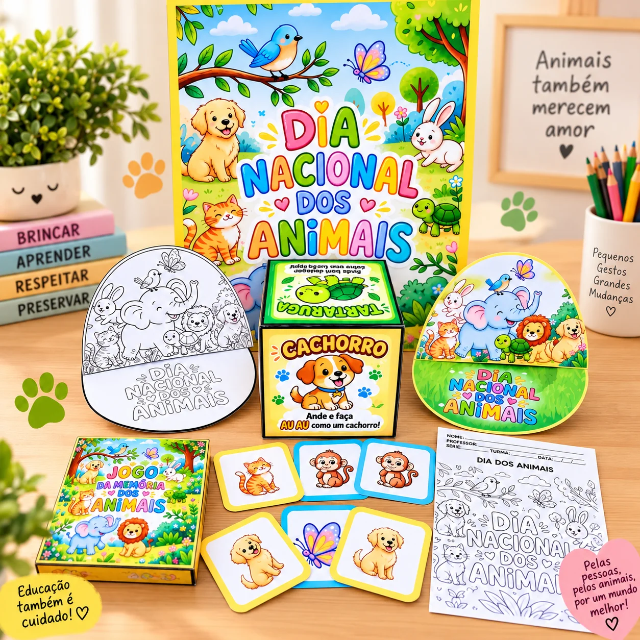 Kit Dia Nacional dos Animais para Imprimir – Painel, Atividades e Jogos — capa do material